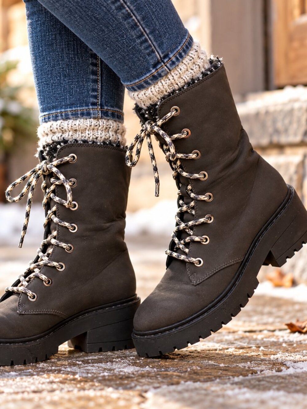 Skechers Size 8 Gray Black Lace-Up Faux Fur Lined Lug Sole Combat Boots